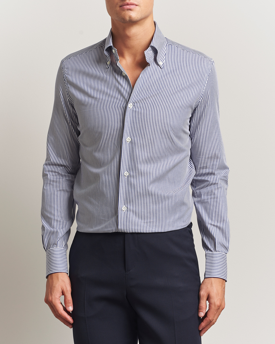 Homme | Chemises | Mazzarelli | Soft Cotton Twill Button Down Shirt Navy Stripe