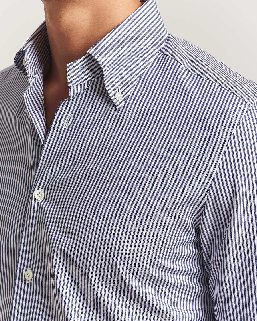 Homme | Chemises | Mazzarelli | Soft Cotton Twill Button Down Shirt Navy Stripe