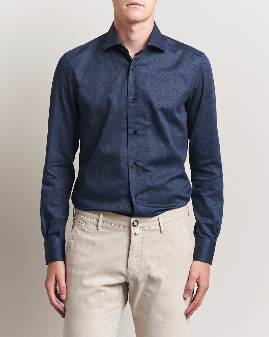 Homme | Chemises | Mazzarelli | Soft Flannel Cut Away Shirt Navy