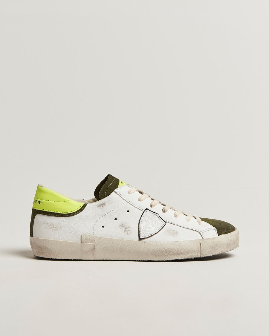 Homme | Philippe Model Prsx Low Top Vintage Mix Leather Sneakers White/Military | Philippe Model | Prsx Low Top Vintage Mix Leather Sneakers White/Military