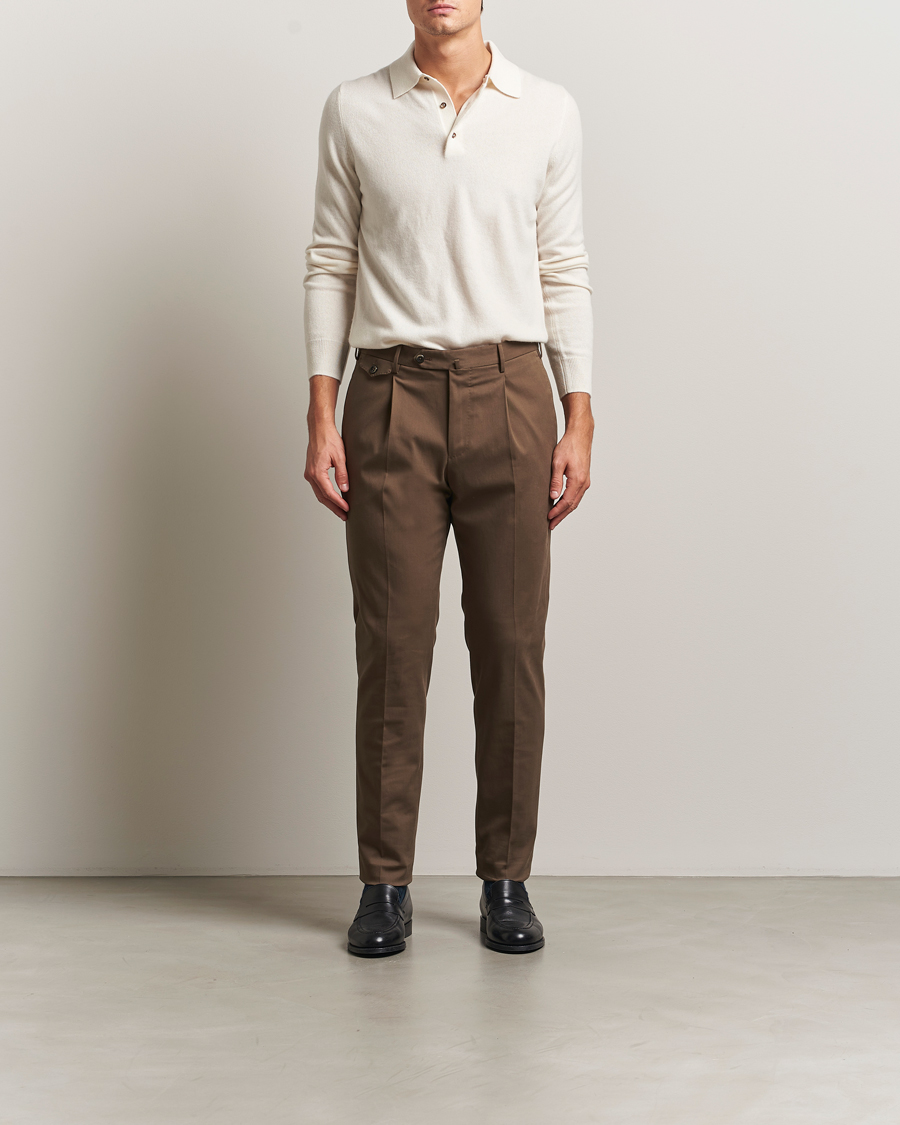 Homme | Pantalons | PT01 | Slim Fit Pleated Cotton/Cashmere Trousers Dark Brown