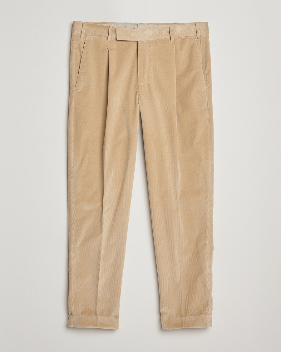Homme | Pantalons | PT01 | Slim Fit Pleated Corduroy Trousers Light Beige