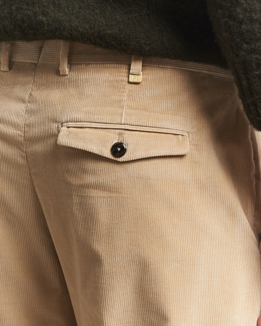 Homme | Pantalons | PT01 | Slim Fit Pleated Corduroy Trousers Light Beige
