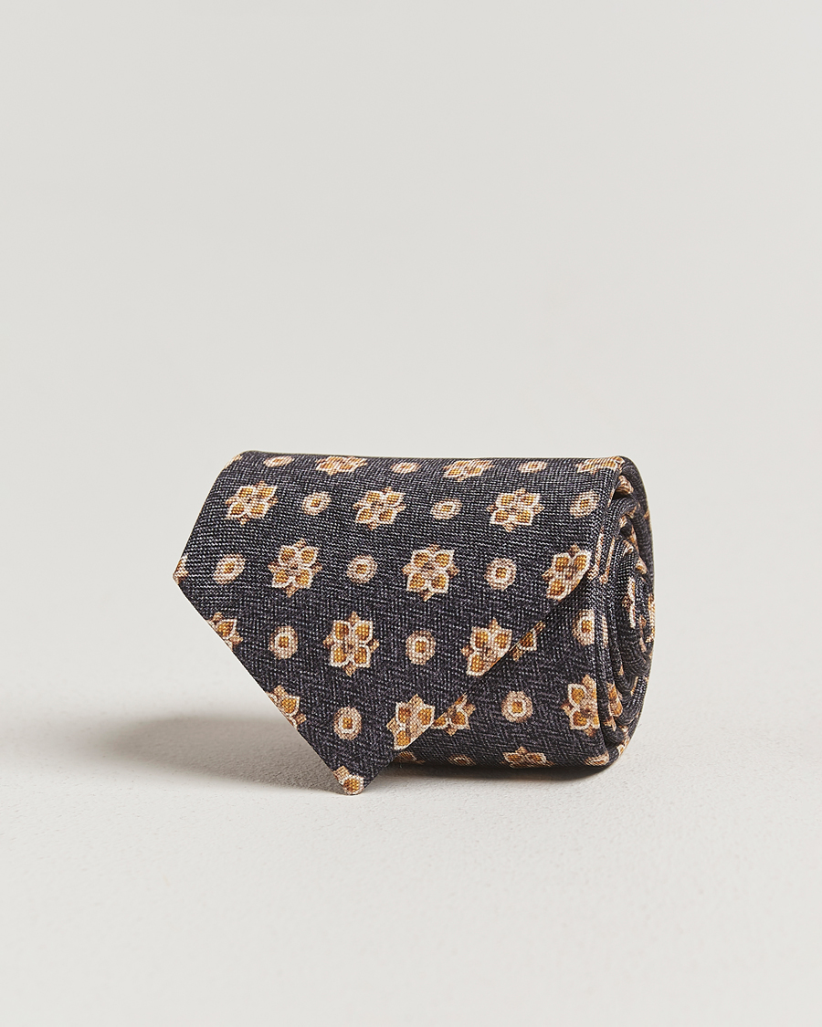 Homme | Cravates | Stenströms | Printed Flower Silk Tie 7,5cm Navy