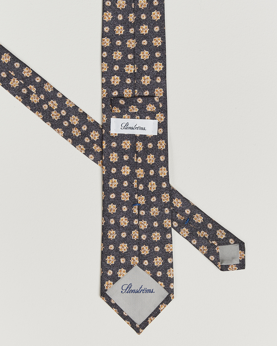 Homme | Cravates | Stenströms | Printed Flower Silk Tie 7,5cm Navy