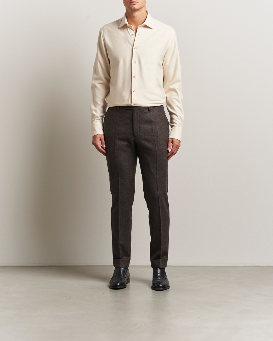 Homme | Chemises | Stenströms | Regular Fit Cut Away Flannel Shirt Light Beige
