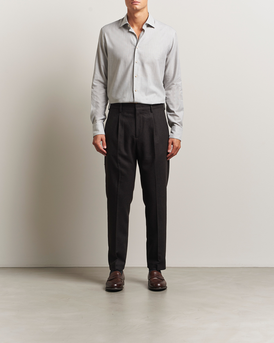 Homme | Chemises | Stenströms | Regular Fit Brushed Mini Herringbone Shirt Grey