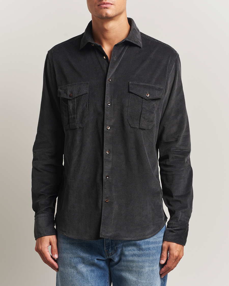 Homme | Chemises | Stenströms | Regular Fit Cord Pocket Shirt Dark Green