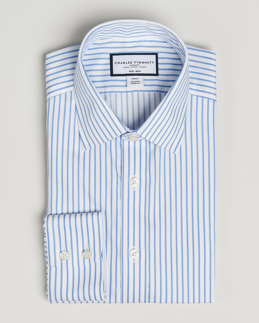 Homme | Chemises | Charles Tyrwhitt | Slim Fit Non Iron Twill Stripe Shirt Blue
