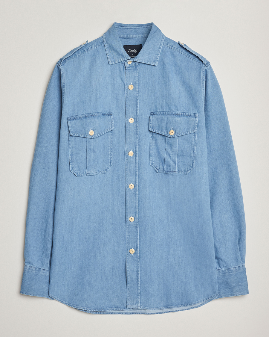 Homme | Chemises | Drake's | Denim Epaulette Shirt Blue