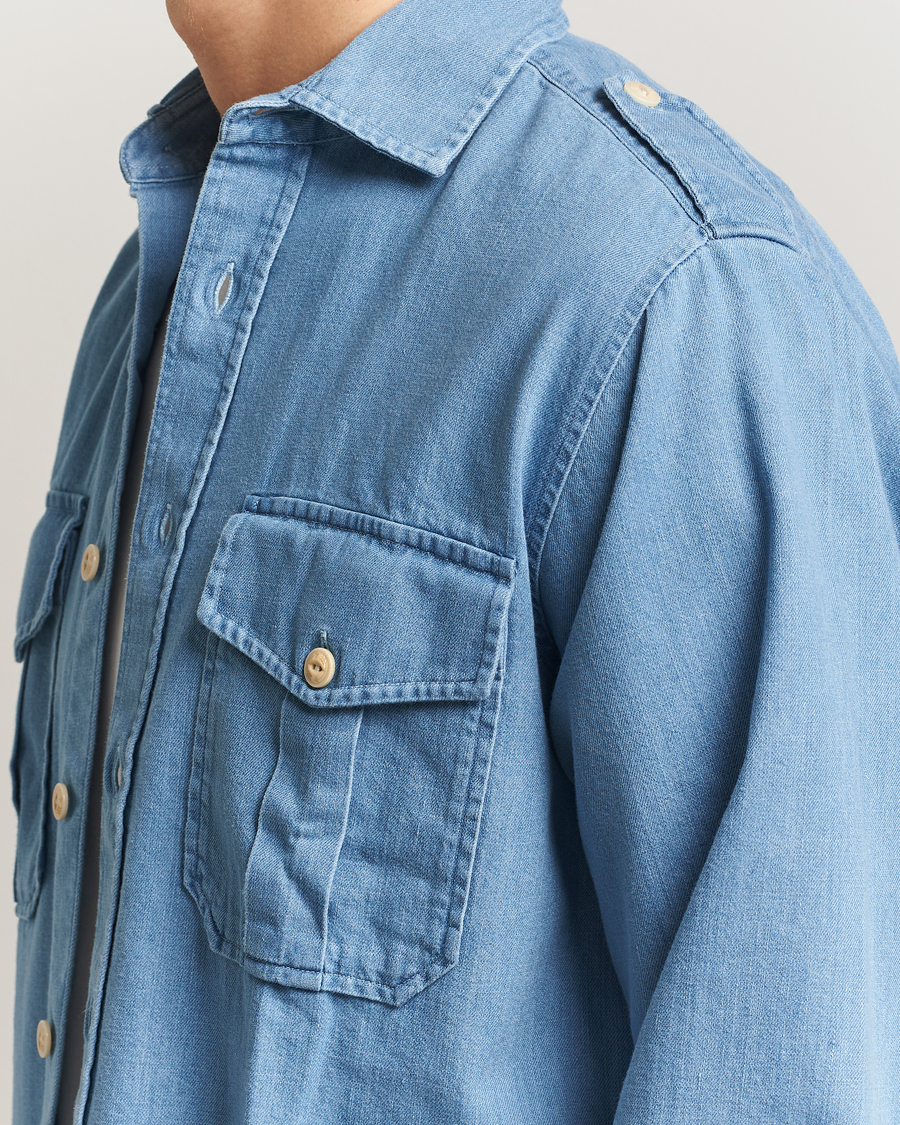 Homme | Chemises | Drake's | Denim Epaulette Shirt Blue