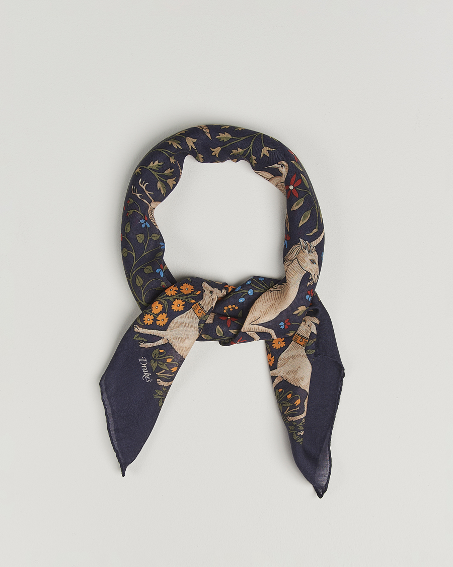 Homme | Drake's Unicorn Garden Wool/Silk Scarf Navy | Drake's | Unicorn Garden Wool/Silk Scarf Navy