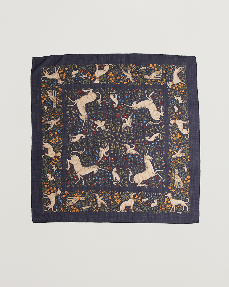 Homme | Drake's Unicorn Garden Wool/Silk Scarf Navy | Drake's | Unicorn Garden Wool/Silk Scarf Navy