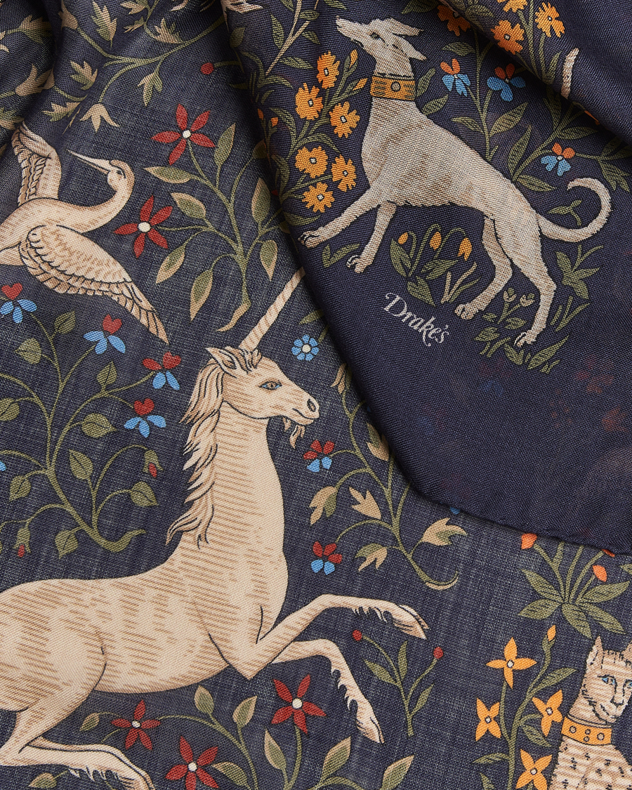 Homme | Drake's Unicorn Garden Wool/Silk Scarf Navy | Drake's | Unicorn Garden Wool/Silk Scarf Navy