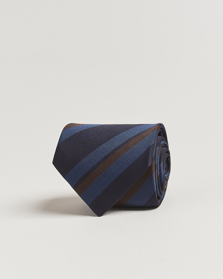 Homme | Drake's Stripe Mogador Silk/Cotton Tie Navy/Brown | Drake's | Stripe Mogador Silk/Cotton Tie Navy/Brown
