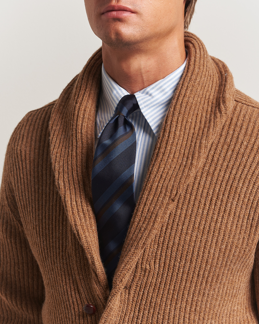 Homme | Drake's Stripe Mogador Silk/Cotton Tie Navy/Brown | Drake's | Stripe Mogador Silk/Cotton Tie Navy/Brown