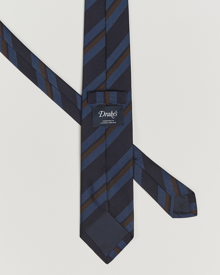 Homme | Drake's Stripe Mogador Silk/Cotton Tie Navy/Brown | Drake's | Stripe Mogador Silk/Cotton Tie Navy/Brown