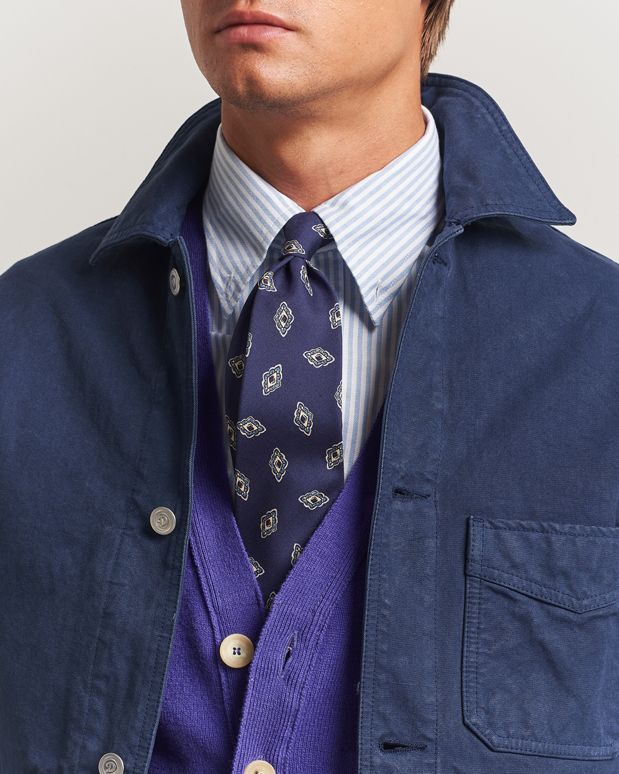 Homme | Drake's Diamond Petals Habotai Silk Tie Navy | Drake's | Diamond Petals Habotai Silk Tie Navy