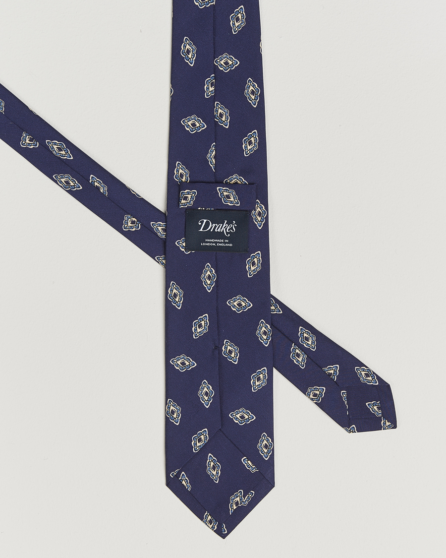 Homme | Drake's Diamond Petals Habotai Silk Tie Navy | Drake's | Diamond Petals Habotai Silk Tie Navy