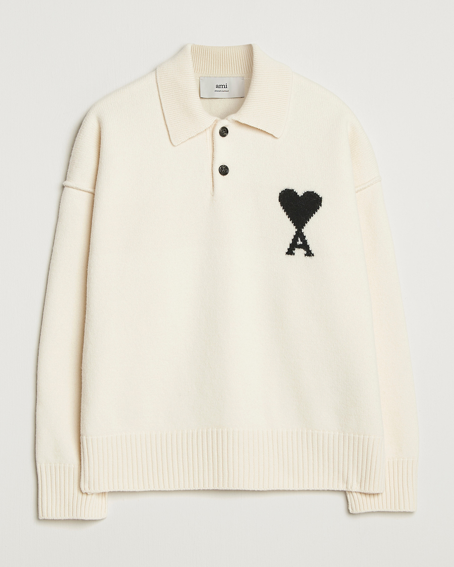 Homme | Pulls Et Tricots | AMI | Big Heart Logo Wool Knitted Polo Ecru
