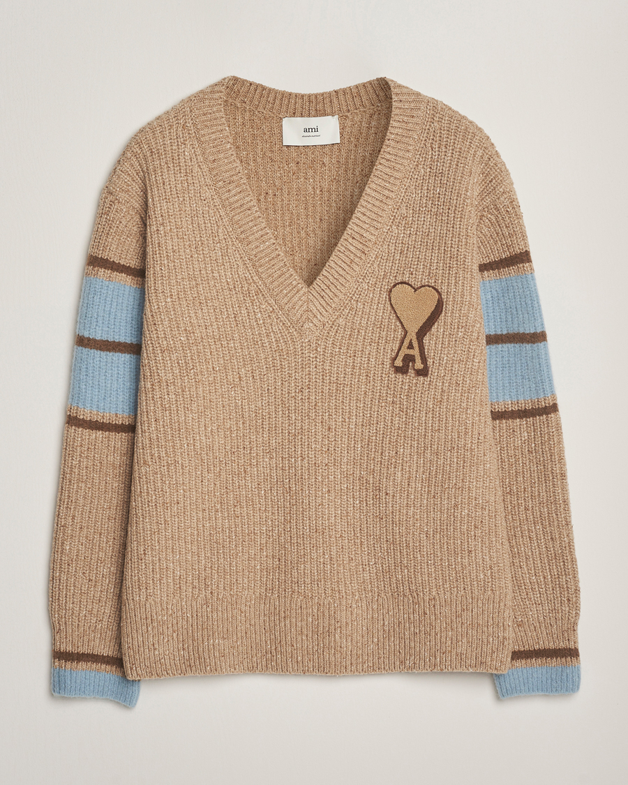 Homme | Pulls Et Tricots | AMI | Ribbed Wool Knitted V-Neck Camel