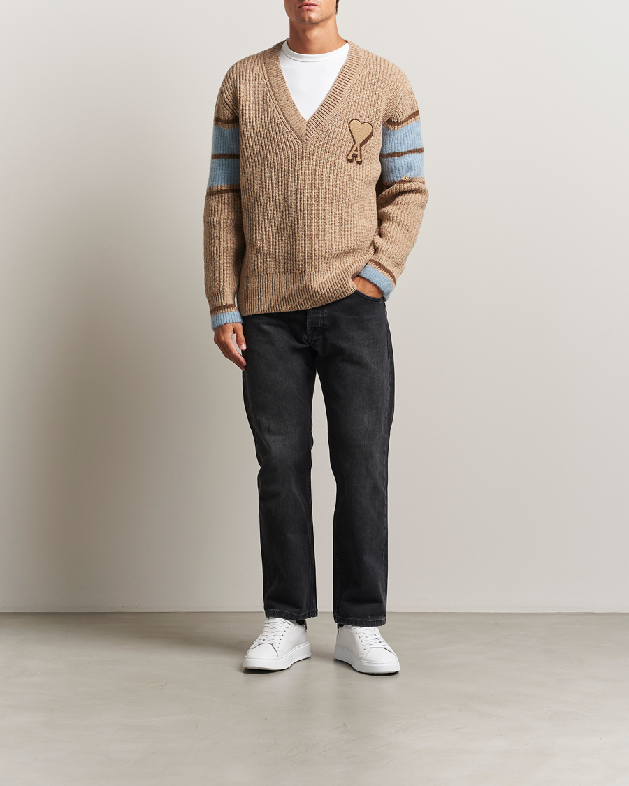 Homme | Pulls Et Tricots | AMI | Ribbed Wool Knitted V-Neck Camel
