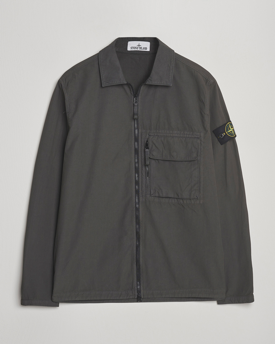 Homme | Chemises | Stone Island | Garment Dyed Organic Cotton Zip Overshirt Lead Grey