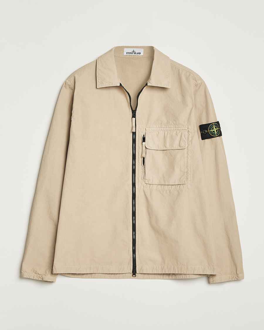 Homme | Chemises | Stone Island | Garment Dyed Organic Cotton Zip Overshirt Beige