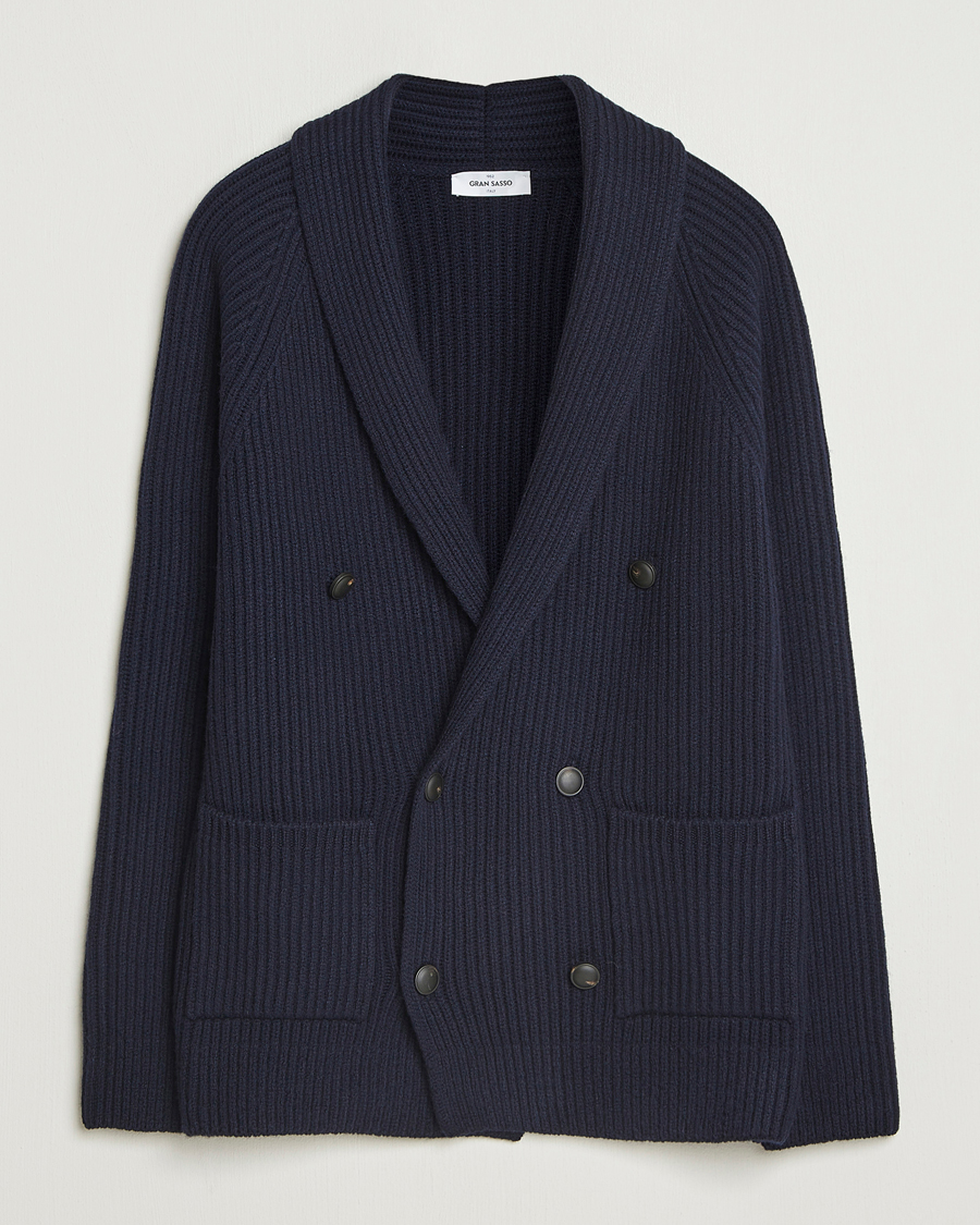 Homme | Pulls Et Tricots | Gran Sasso | Shawl Collar Heavy Knitted Wool Cardigan Navy