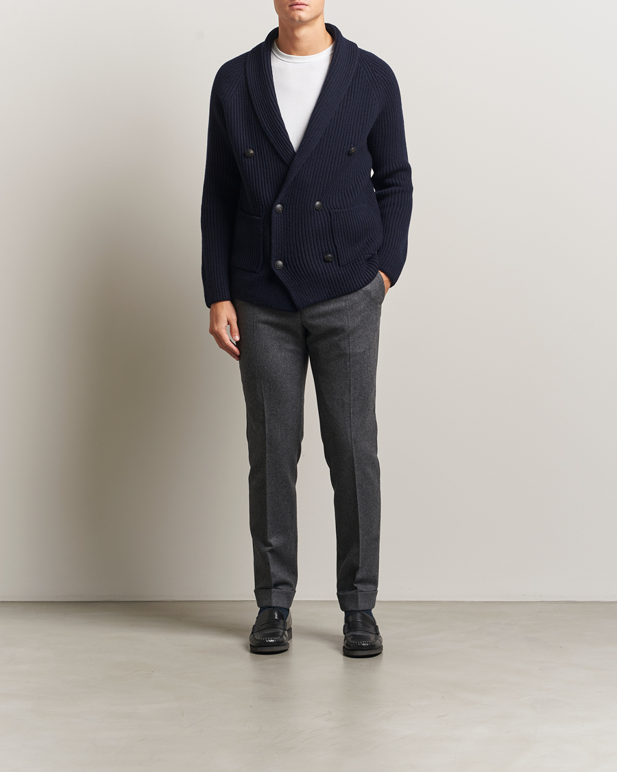 Homme | Pulls Et Tricots | Gran Sasso | Shawl Collar Heavy Knitted Wool Cardigan Navy