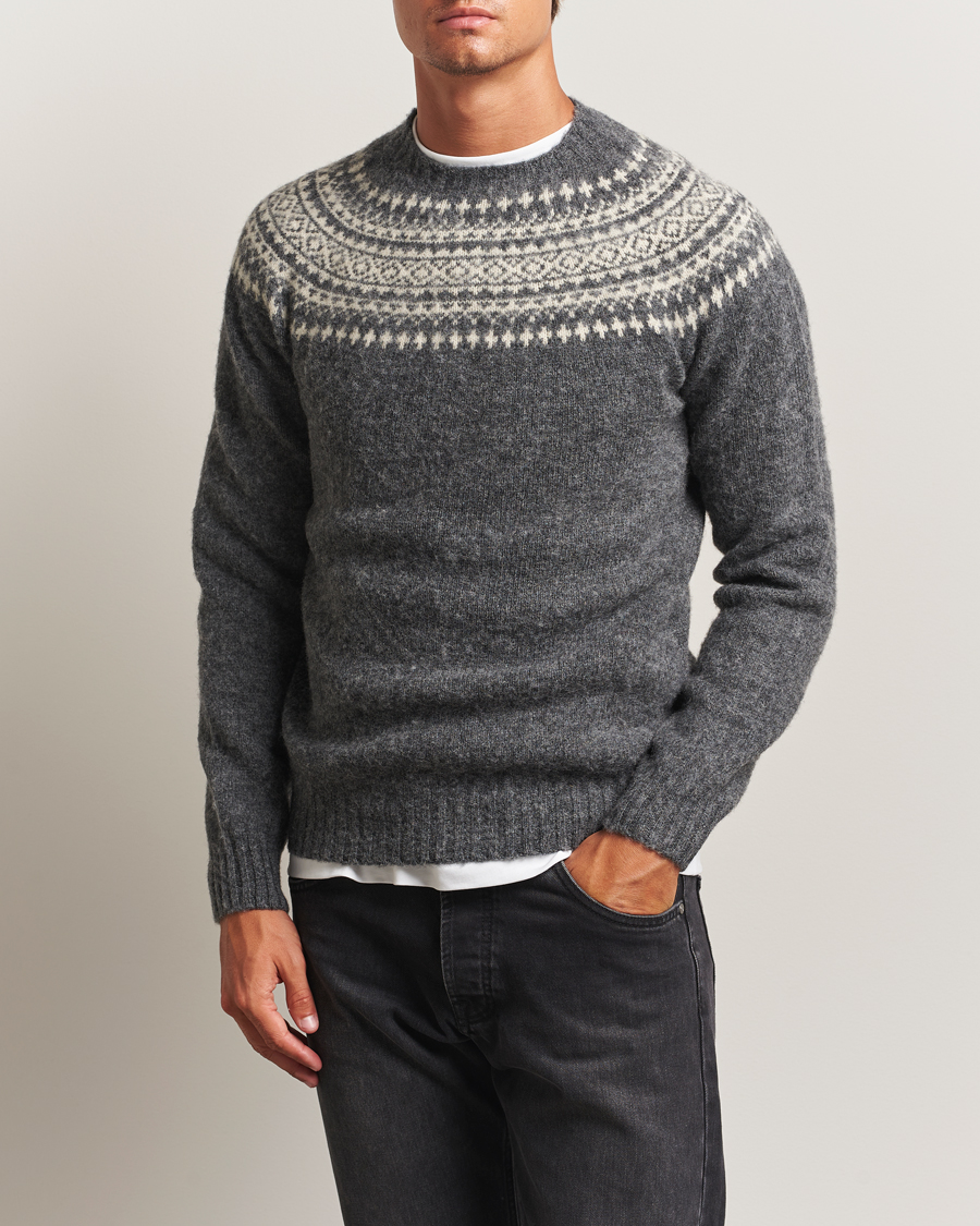 Homme | Pulls Et Tricots | Harley Of Scotland | Brushed Supersoft Lambswool Yolk Fairisle Grey