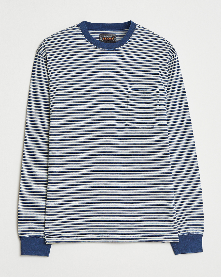 Homme | T-shirts | BEAMS PLUS | Indigo Stripe Long Sleeve T-Shirt White/Navy