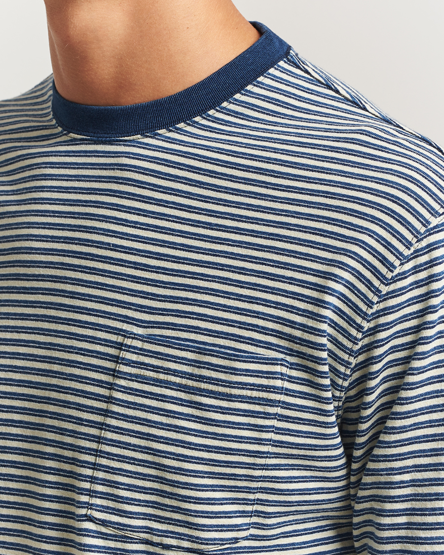 Homme | T-shirts | BEAMS PLUS | Indigo Stripe Long Sleeve T-Shirt White/Navy