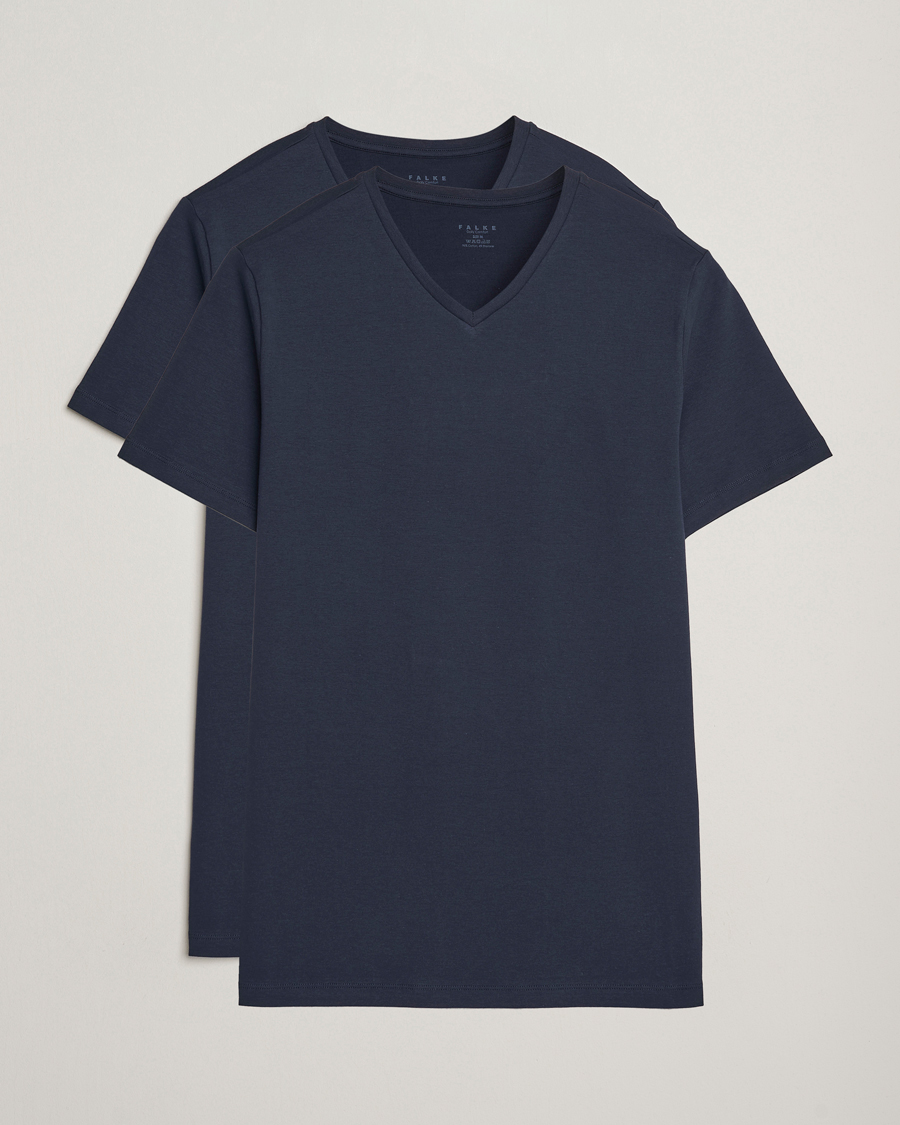 Homme | T-shirts | Falke | 2-Pack Cotton V-Neck T-Shirt Midnight