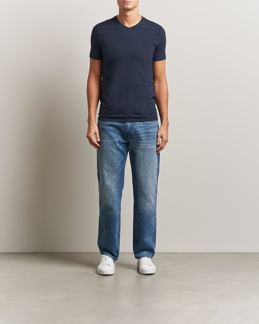 Homme | T-shirts | Falke | 2-Pack Cotton V-Neck T-Shirt Midnight