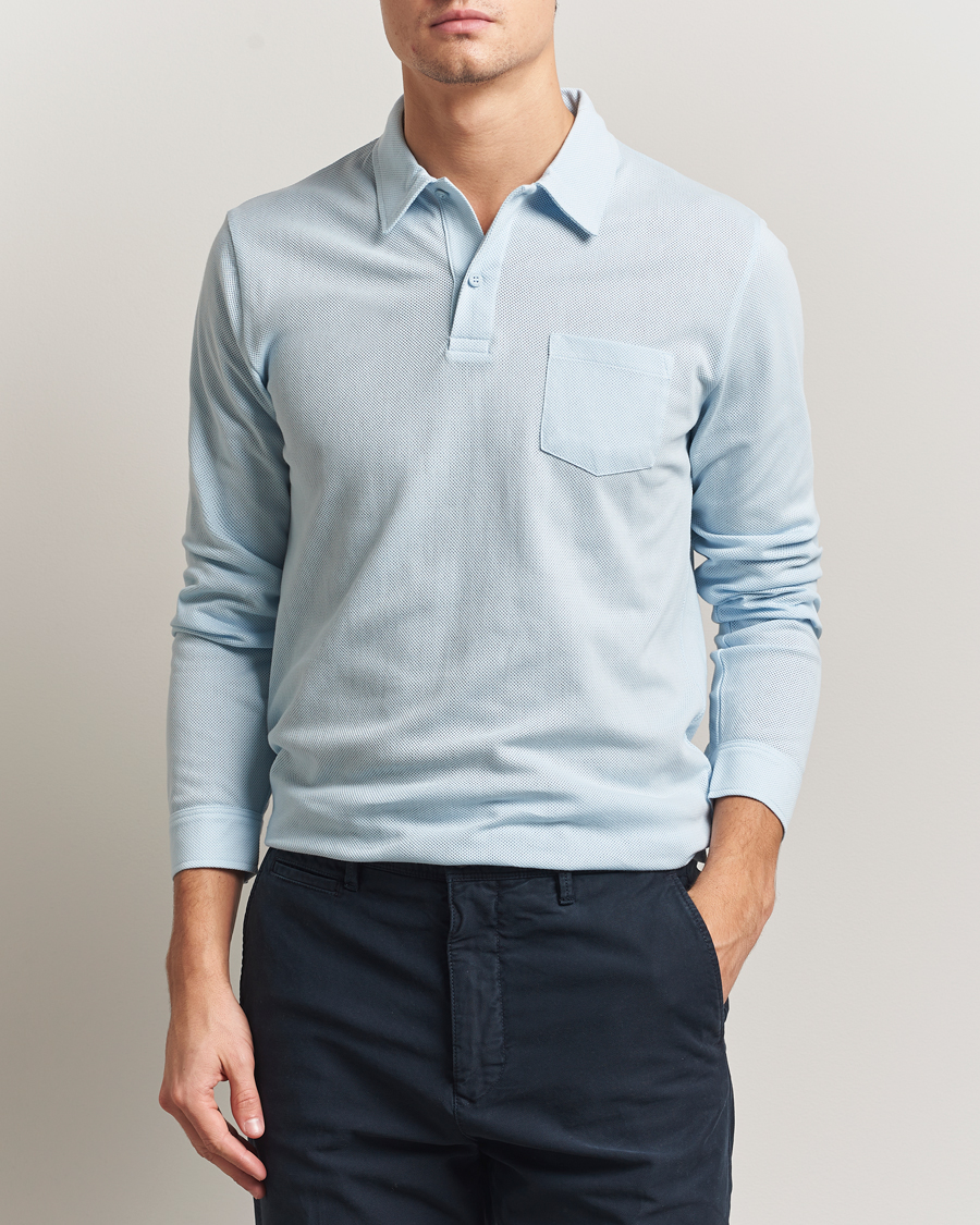 Homme | Polos | Sunspel | Long Sleeve Riviera Polo Shirt Frost Blue
