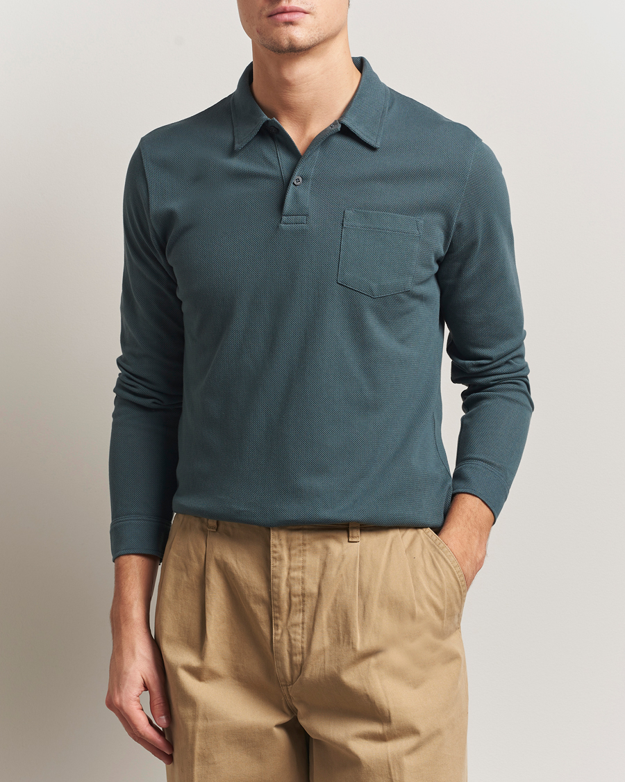 Homme | Polos | Sunspel | Long Sleeve Riviera Polo Shirt Dark Petrol