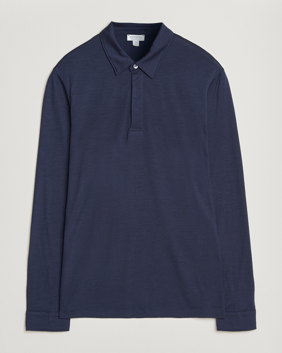 Homme | Polos | Sunspel | Wool Jersey Long Sleeve Polo Navy