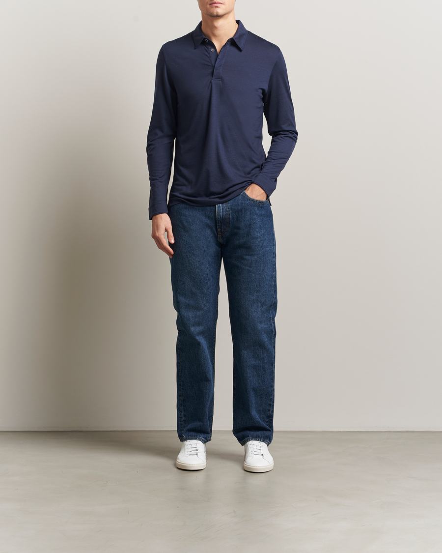 Homme | Polos | Sunspel | Wool Jersey Long Sleeve Polo Navy