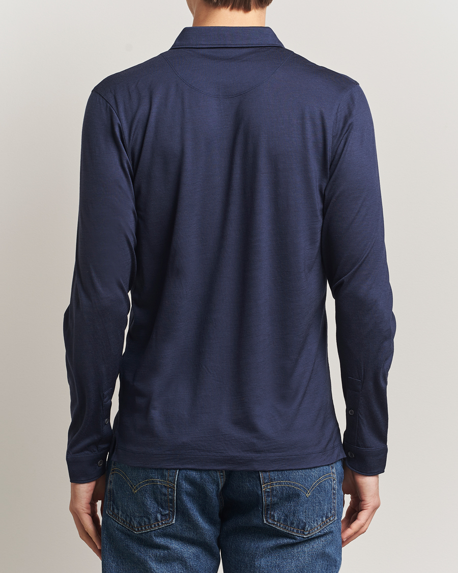 Homme | Polos | Sunspel | Wool Jersey Long Sleeve Polo Navy
