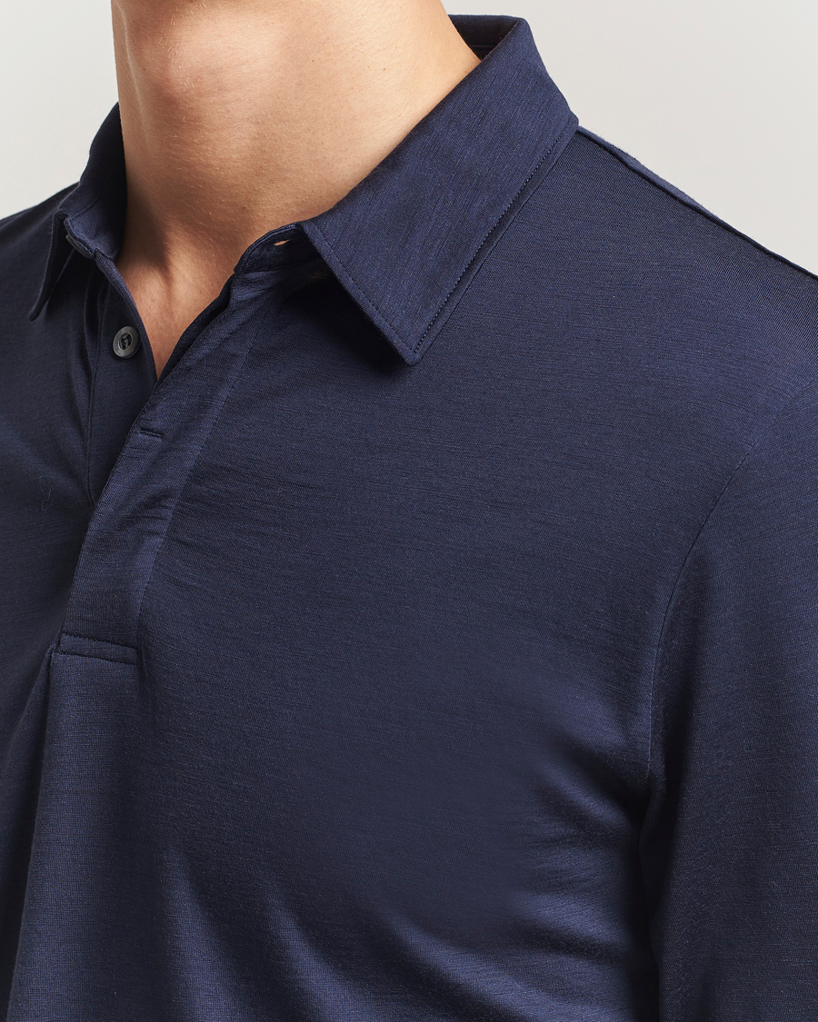 Homme | Polos | Sunspel | Wool Jersey Long Sleeve Polo Navy