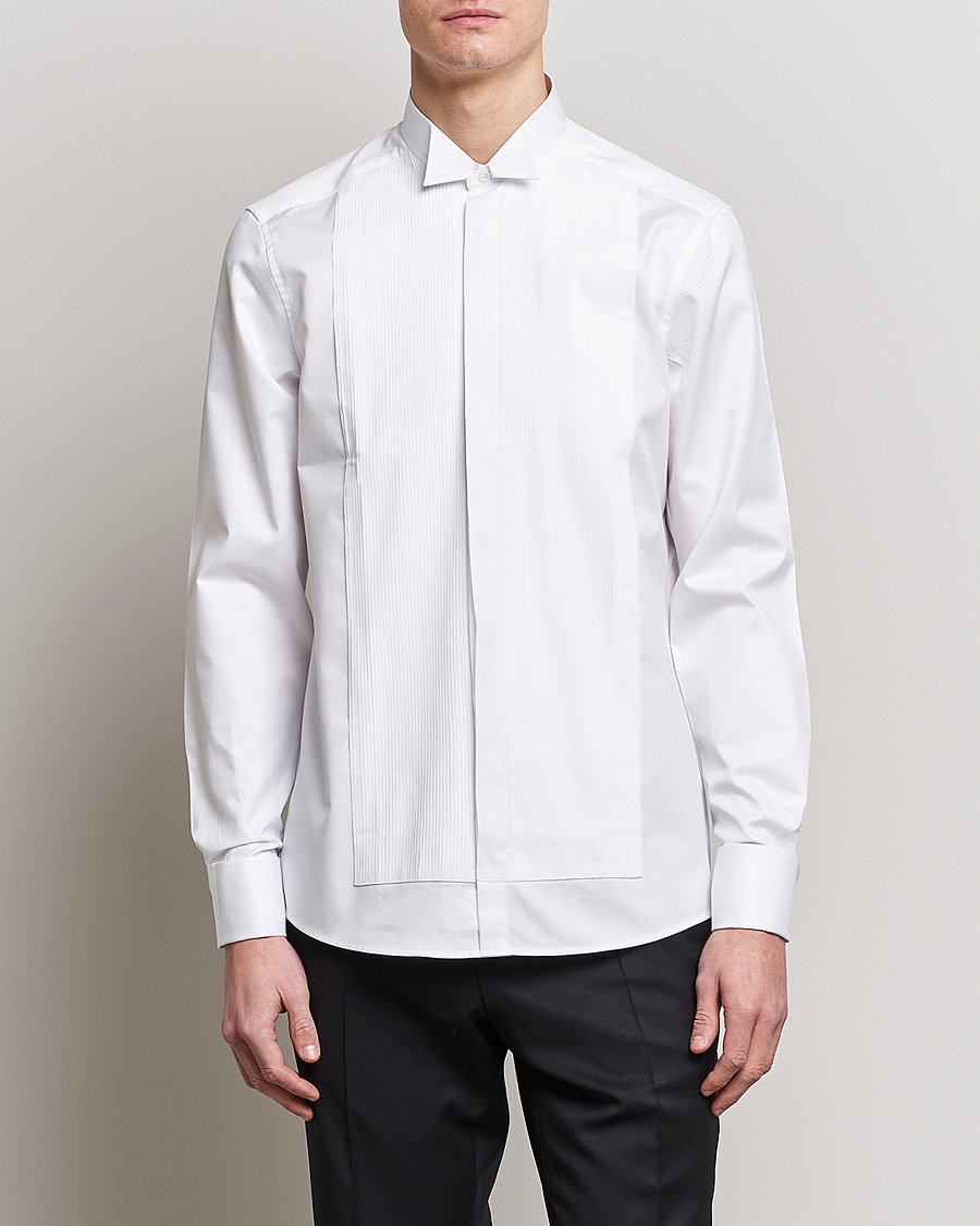 Homme | Chemises | Stenströms | Slimline Stand Up Collar Plissè Shirt White