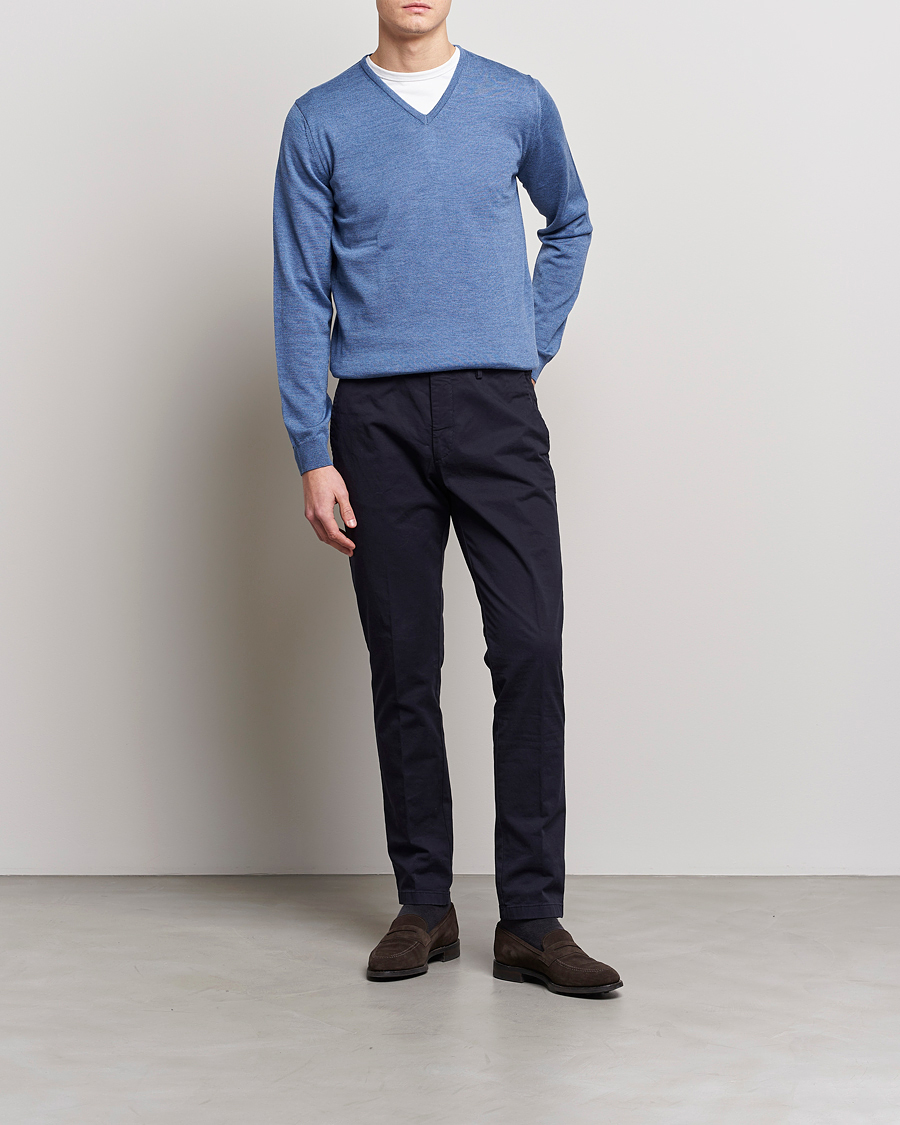 Homme | Pulls Et Tricots | Stenströms | Merino Patch V-Neck Light Blue/Blue