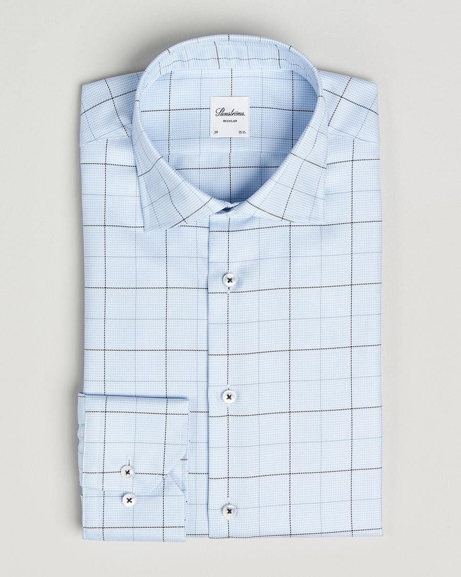 Homme | Chemises | Stenströms | Regular Fit Cut Away Windowpane Shirt Blue