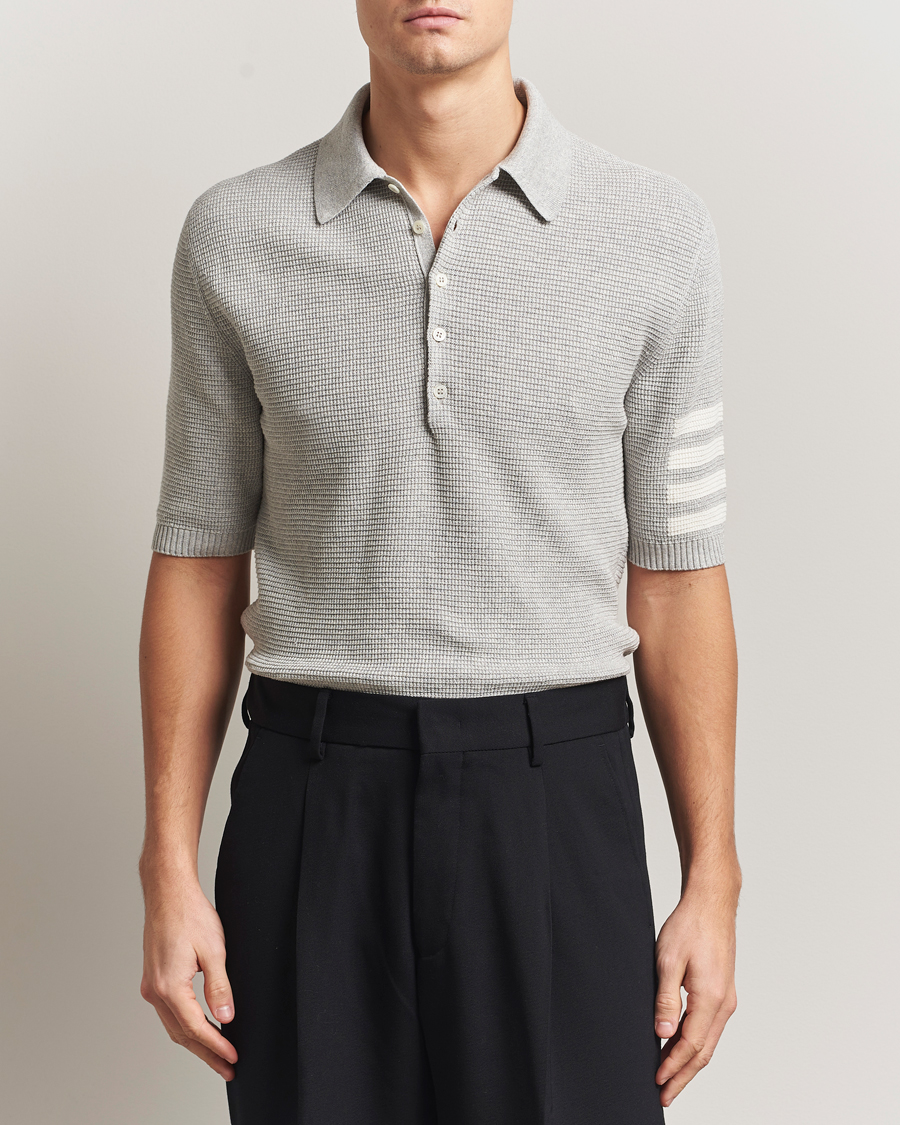 Homme | Polos | Thom Browne | Textured 4 Bar Knitted Polo Light Grey