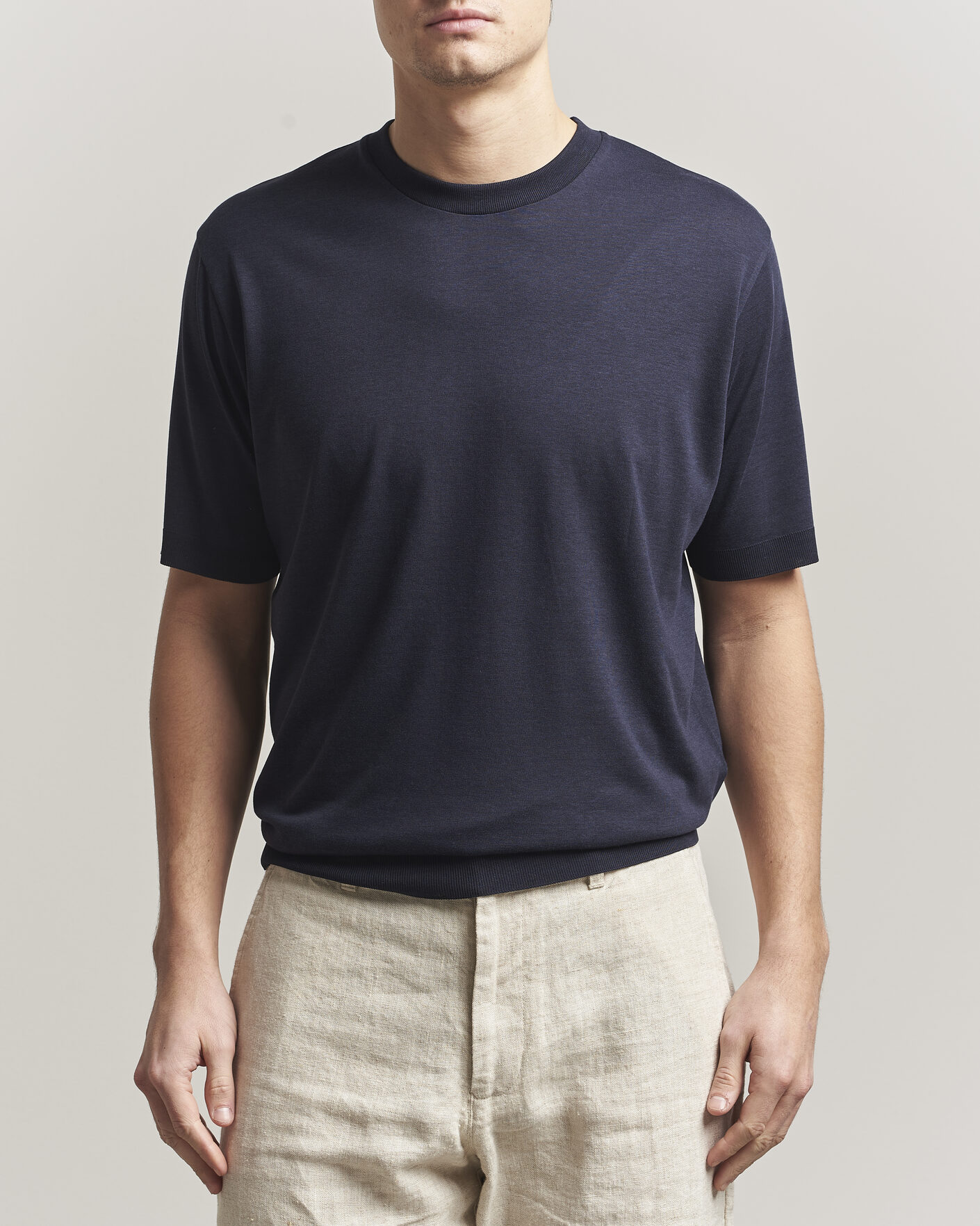 Homme | T-shirts | Altea | Cotton/Stretch Knitted T-Shirt Navy