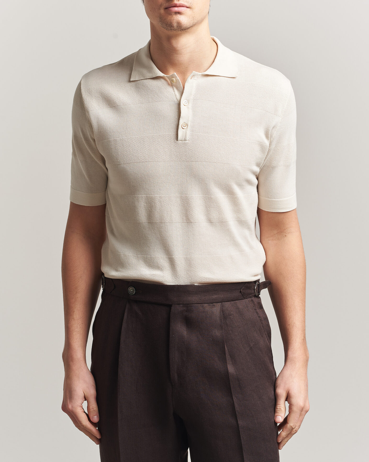 Homme | Polos | Altea | Block Stripe Knitted Polo Off White