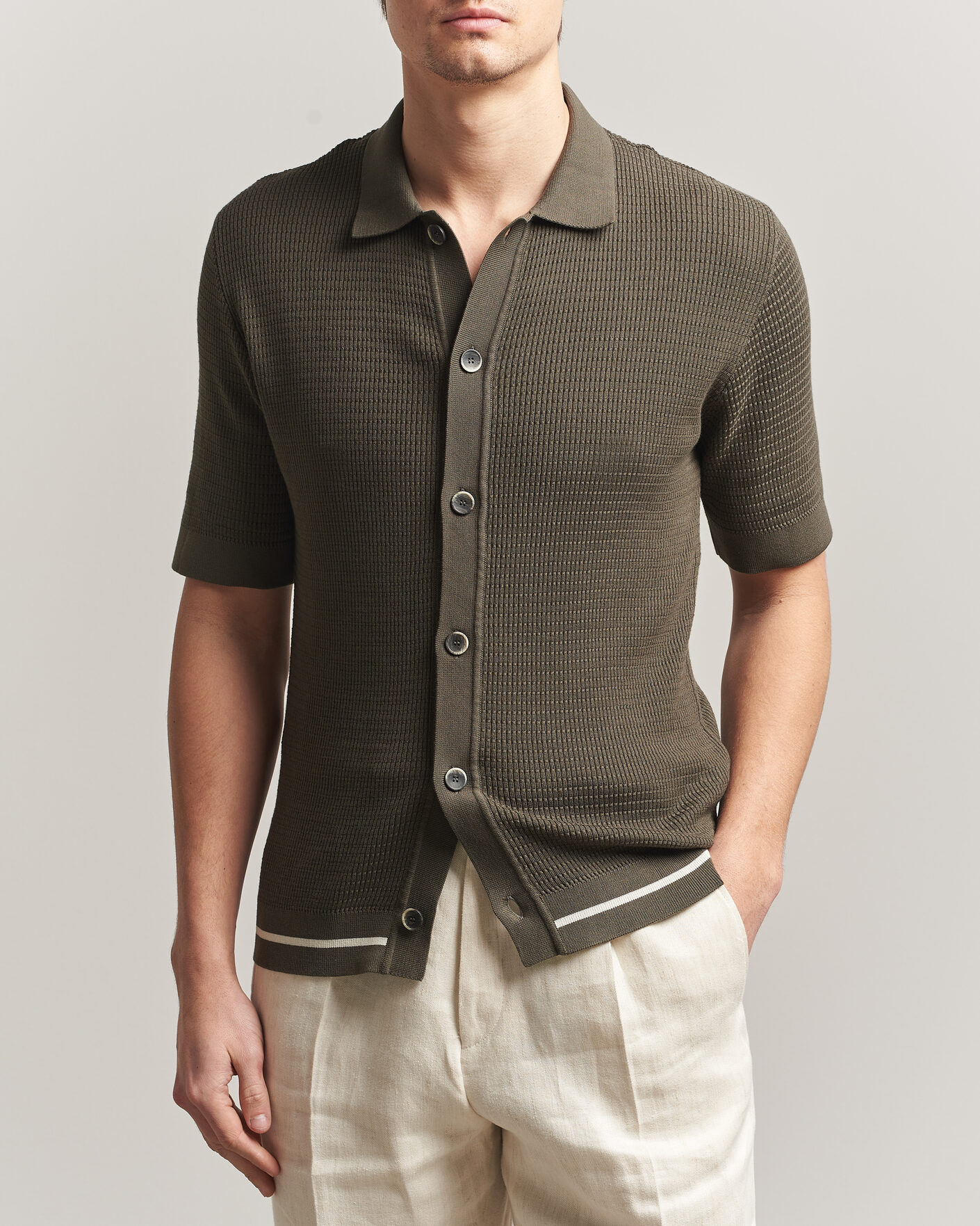 Homme | Chemises | Altea | Bamboo Stitch Knitted Camp Shirt Dark Green
