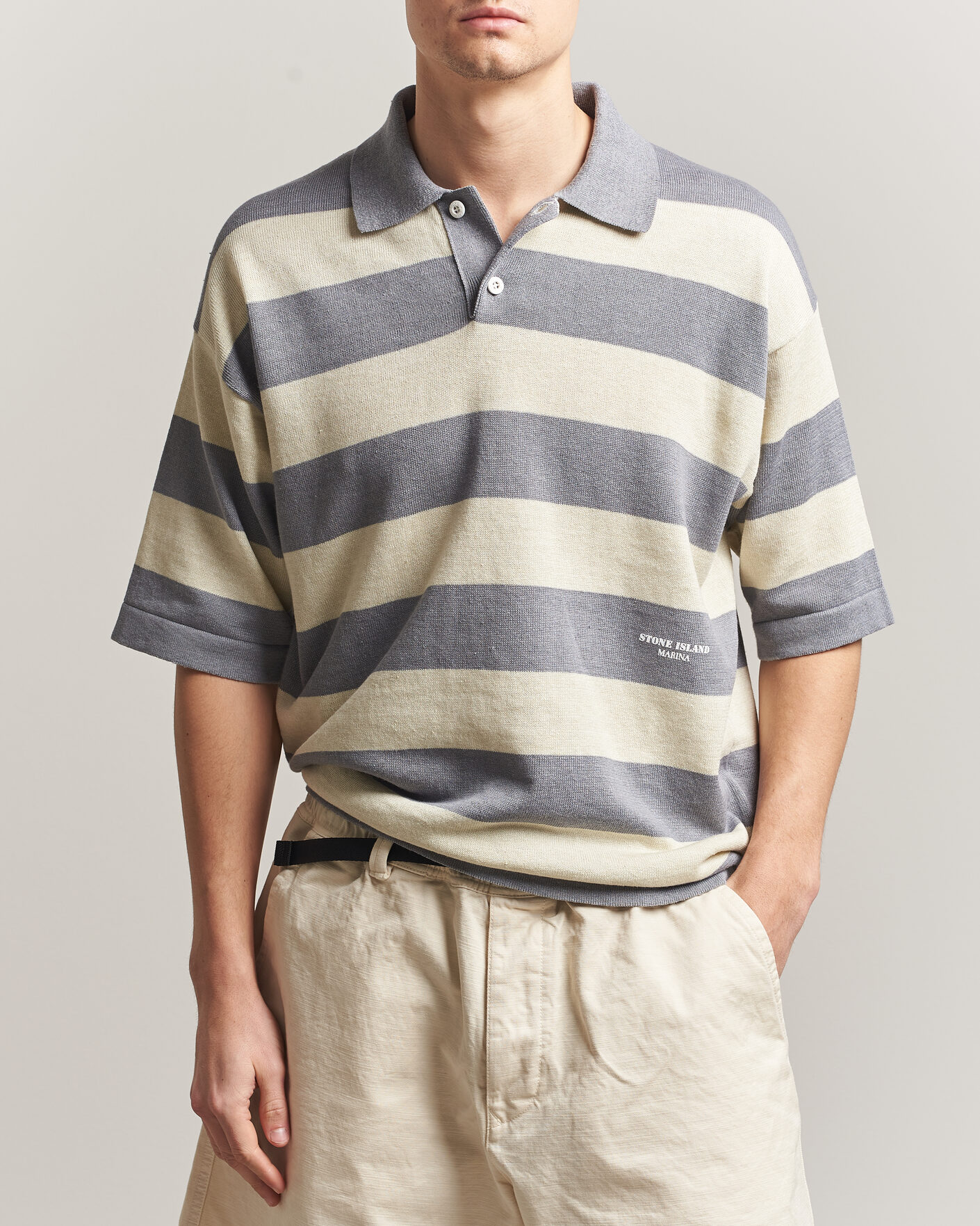 Homme | Polos | Stone Island | Marina Knitted Cotton/Linen Polo Ivory Melange
