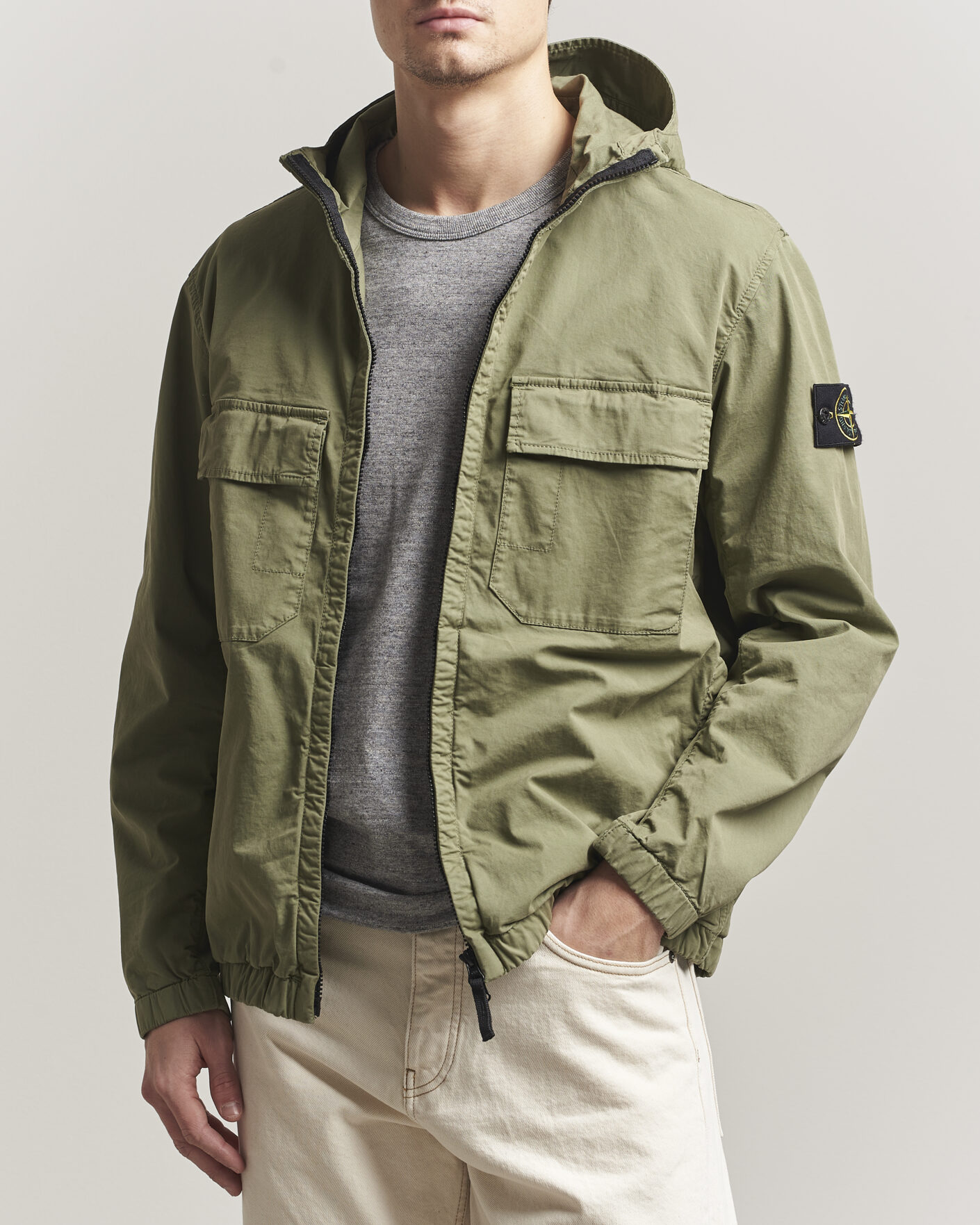 Homme | Manteaux Et Vestes | Stone Island | Stretch Cotton Twill Hood Jacket Military Green